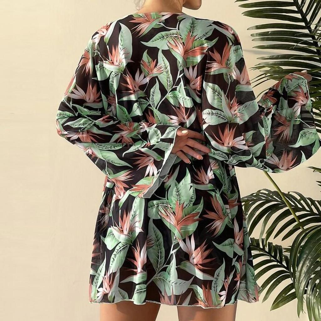 Sexy Bandeau High Waist Bikini Set with Boy Shorts Mesh Cover Up Floral 3 Piece Swimsuit Women Bathing Suits Swimwear Beach Wear