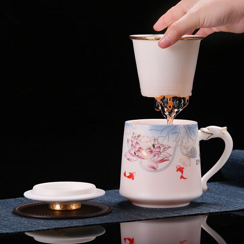 Dehua White Porcelain Tea Infuser Office Mug - Lotus Wen Xuan