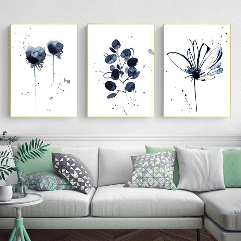 Abstract Watercolor Flower Poster Ink Blue Leaf Canvas Painting Minimalist Art Printing Modern Mural Living Room Decoration