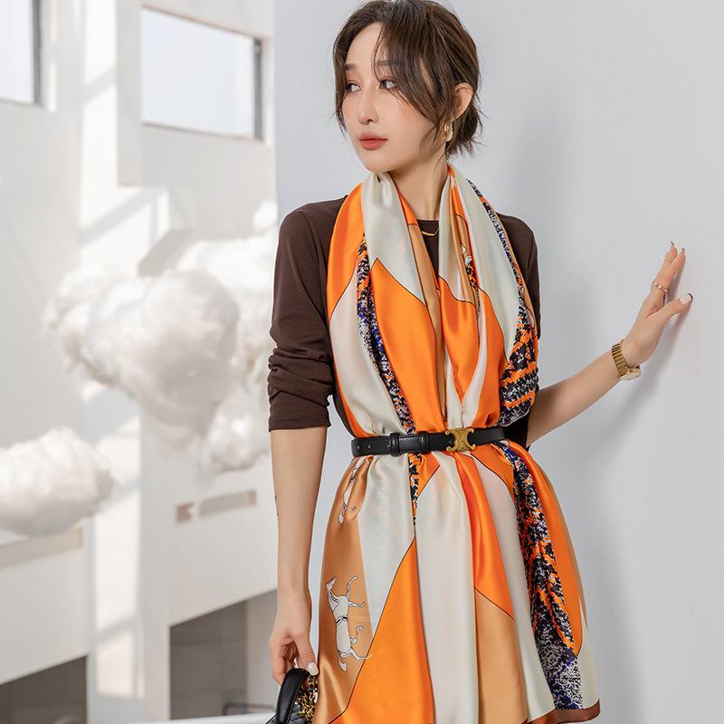 Ранняя весна, новый простой красочный геометрический длинный шелковый шарф с цветными блоками, корейская версия дамского темпераментного длинного платка для путешествий