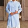 Men's Cotton Linen Kaftan Long Sleeve O-Neck Robe Solid Color Button-up Collar Thobe Breathable Arabic Clothing for Prayers Casual Wear