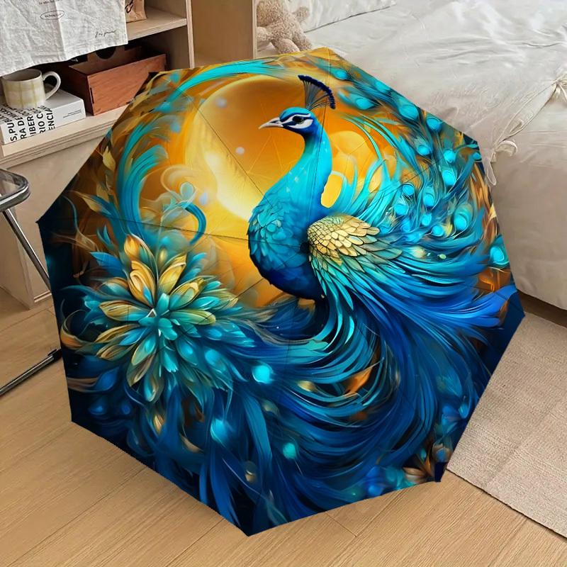 1pc Fantasy Peacock with Golden Sunburst Umbrella with Plastic Handle,Suitable for All Seasons Home Travel Outdoor UmbrellaDD1193