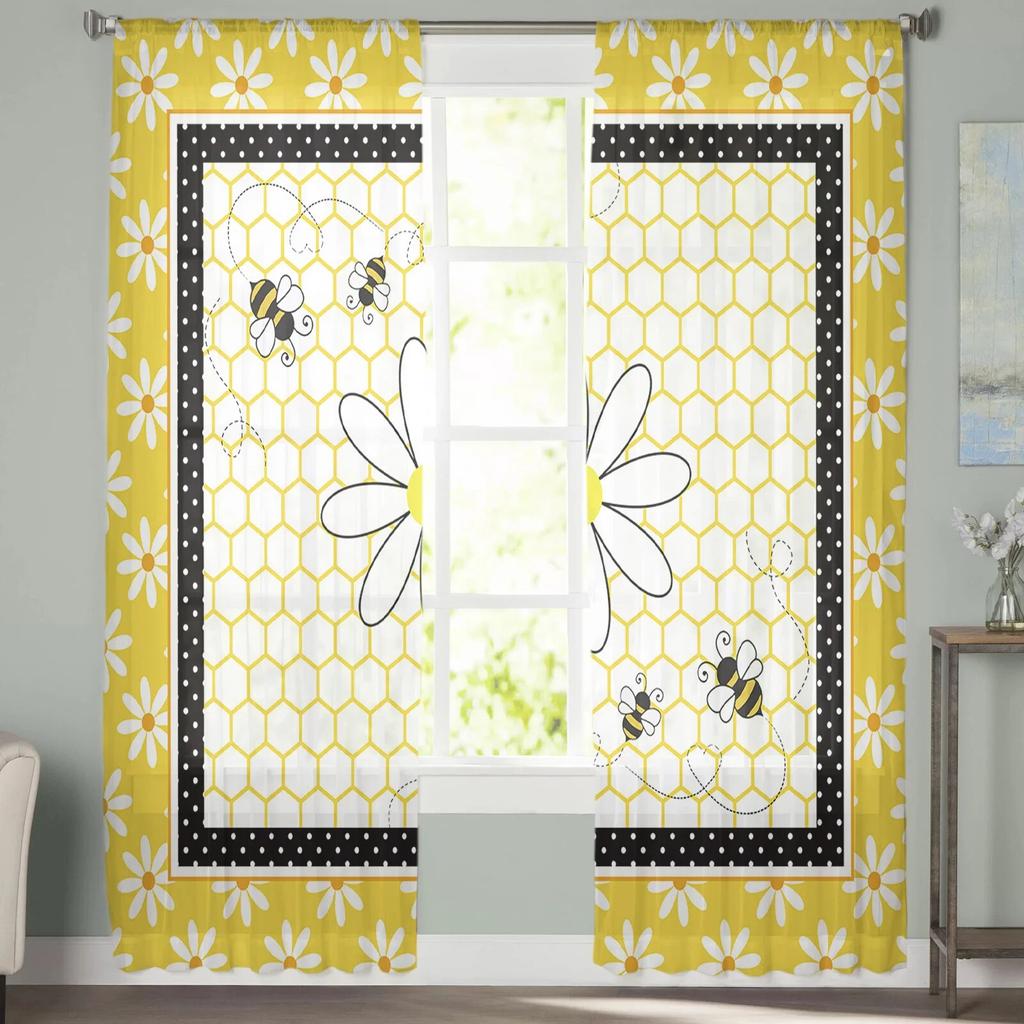 Yellow Daisy Bee Tulle Curtains Living Room Kitchen Chiffon Curtain Bedroom Balcony Sheer Curtain Fashion Home Decor