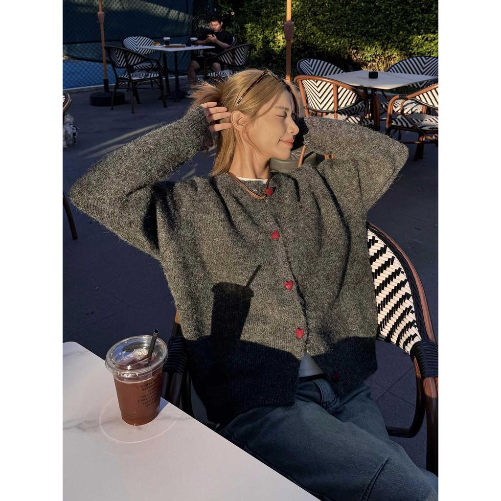 Модная шикарная куртка на пуговицах с сердечками, женский мягкий ворсистый вязаный свитер-кардиган, осенне-зимний повседневный ленивый топ с длинным рукавом