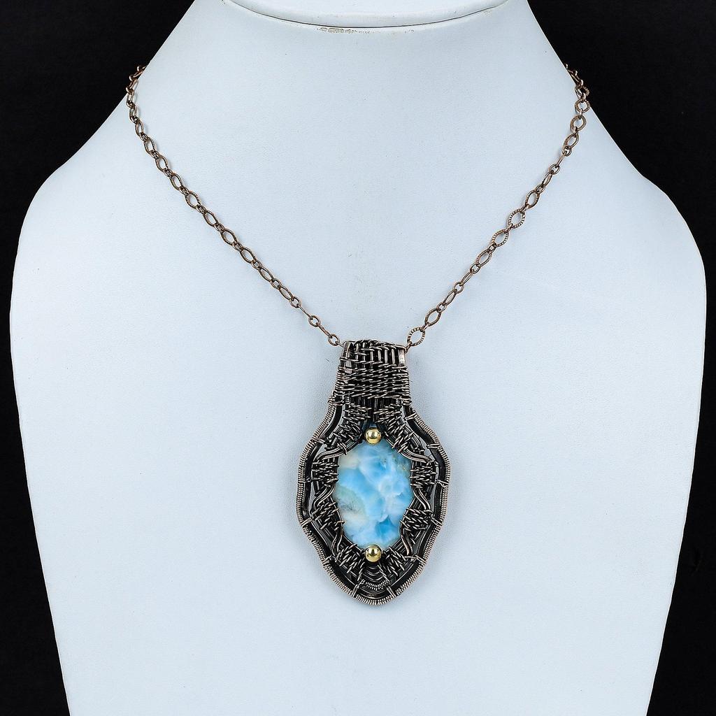 Кулон Ларимар, кулон в медной проволоке, оригинальные ювелирные изделия из драгоценных камней, этнический кулон ручной работы, медные украшения, кулон с камнем, подарок для него