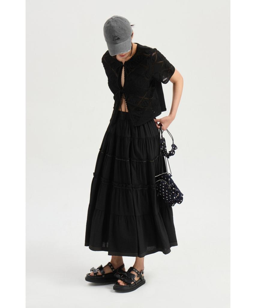 LUCKY CHOUETTE Shirring Back Banding Long Skirt (Black) Lfkax25560Bkx
