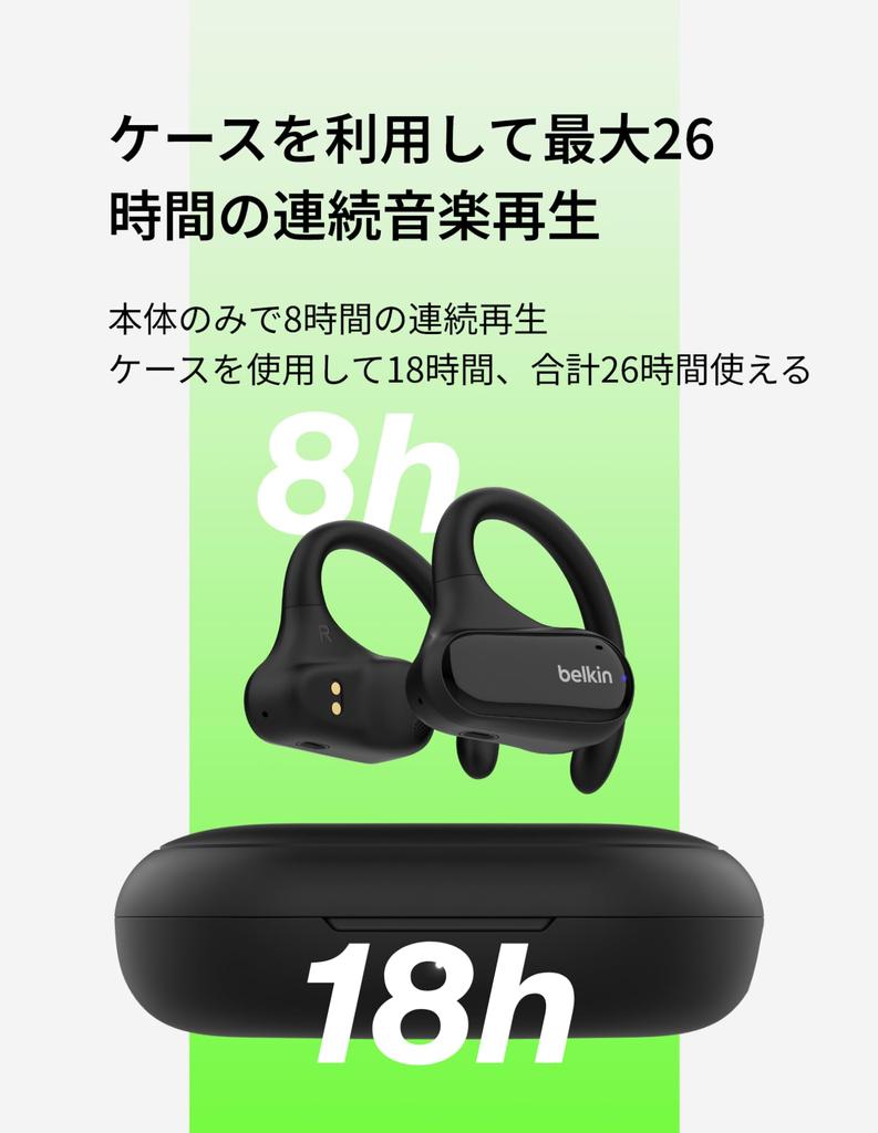Belkin Беспроводные наушники с открытым ухом, которые не блокируют ваш слух, не создают ощущения инородного тела, Bluetooth до 26 часов работы от аккумулятора и защита от пота, большой диаметр, контроль шума