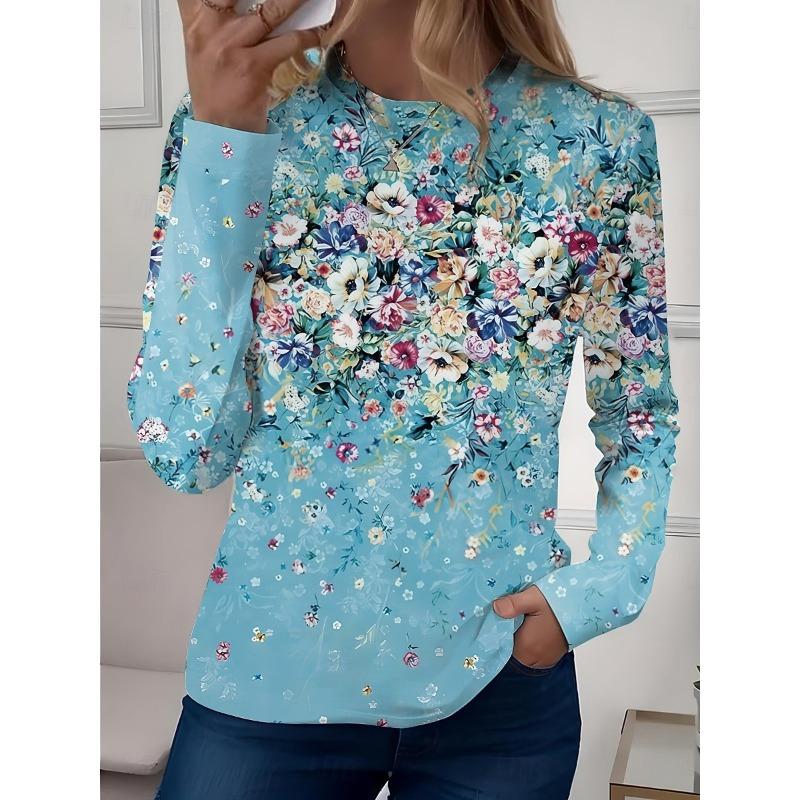 Women's Casual T-shirt 3D Printed Flower Print Round Neck Retro Elegant Long Sleeves Women's Fashion Pullover Long Sleeve Tops