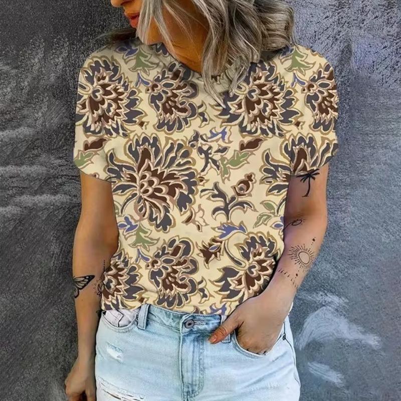 Elegant Women's T-shirt Fashion Retro Flower 3D Pattern Print T-shirt Women's Short Sleeved T-shirt Summer Leisure T-shirt