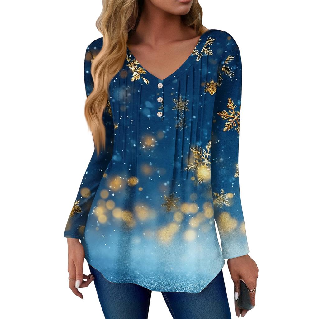 Women's Fashion Casual Christmas Tree Print V-Neck Decorative Button Long Sleeve T-Shirt Top