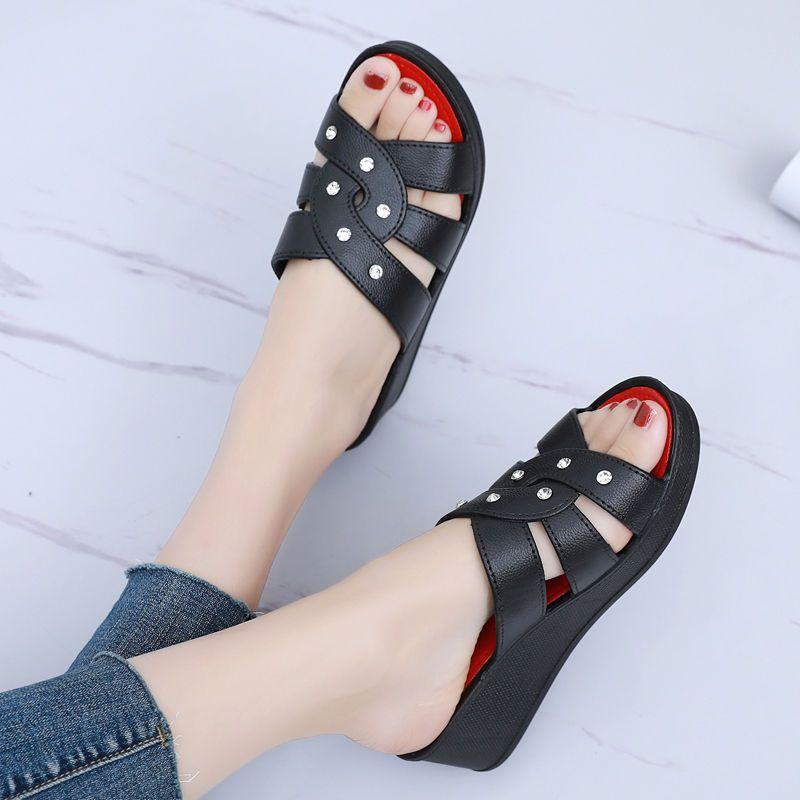 Women's High Heel Slippers Summer Wear Thick Bottom Fashion Home Non-Slip Mother Shoes Soft Bottom Social Wedge Women Sandals