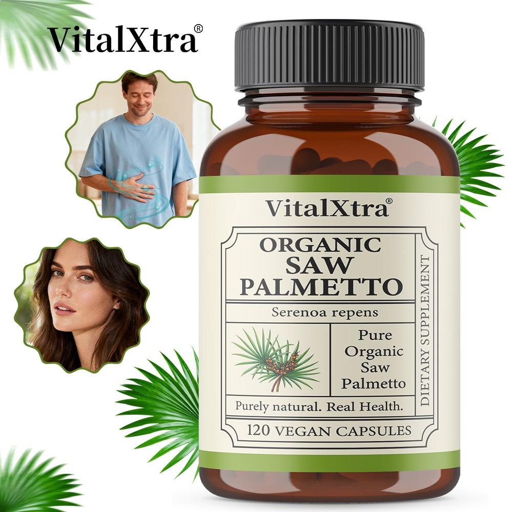 Органические добавки VitalXtra с пальмой сереноа 1000 мг на порцию, плоды Serenoa repens, исключительно натуральные, веганские капсулы, 120 шт.