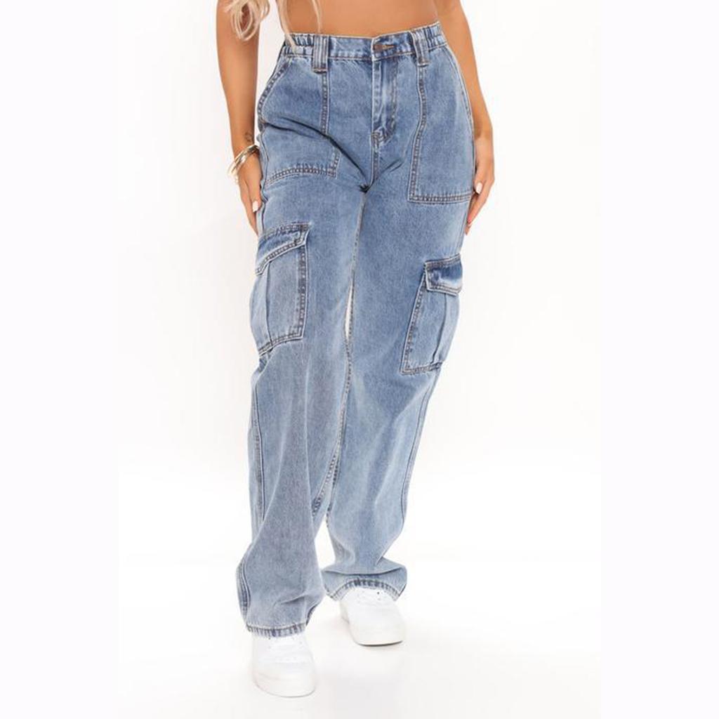 Ladies Straight Loose Wide Leg Pants Cargo Multi Pocket Jeans Casual Jeans For Women