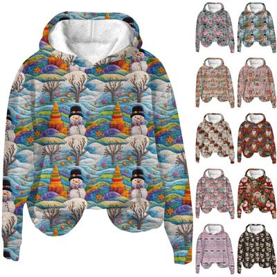 Женская модная толстовка с капюшоном и заниженной линией плеч с длинным рукавом и рождественским принтом