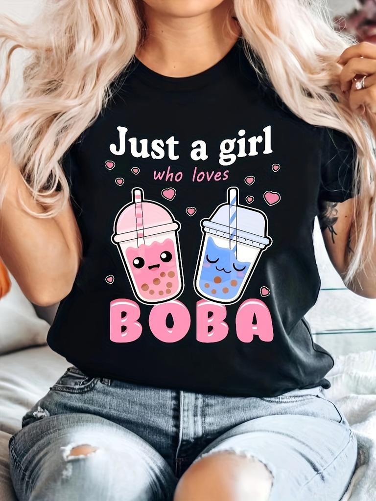 Boba Tea Print Casual Tee Womens Short Sleeve Activewear Tee with Slight Stretch Shirt Tops Camisetas Mujer