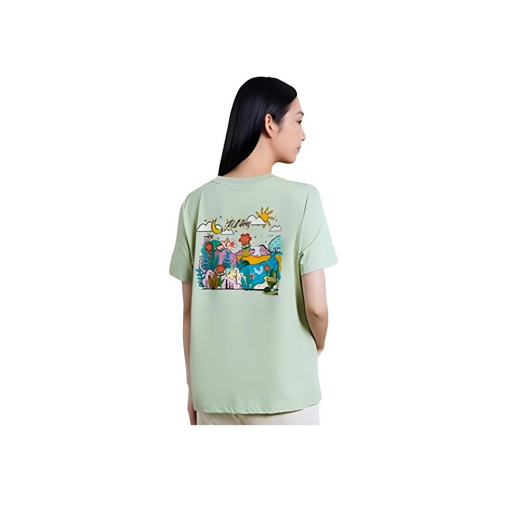 Li-Ning Sports Lifestyle Series Plant Floral Cartoon Print Round Neck Pullover T-Shirt Women Tops Green AHSS316-5