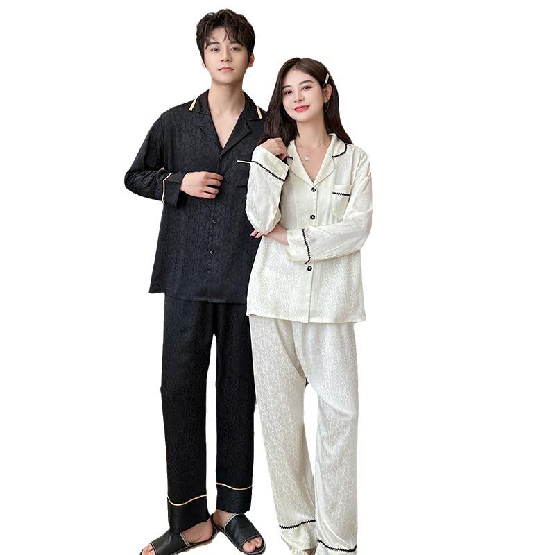 R Full Version Light Luxury Jacquard Silk Couple Pajamas - Autumn/Winter Long Sleeve French Homewear