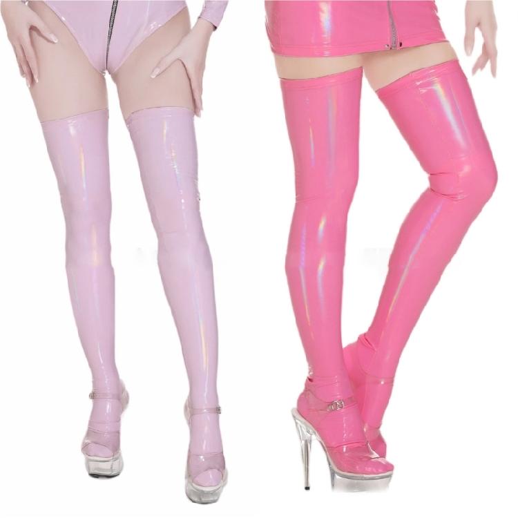 Shimmering Thigh High Stockings Faux Leather Stockings Pantyhose for Women Girls Oil Glossy Over The Knee Socks