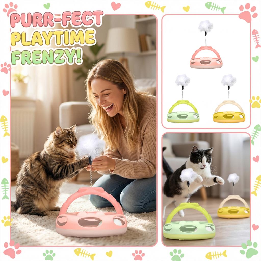 Interactive Cats Turntable Toy With Feather Wand, Multi-Layer Track Puzzle Toy For Indoor Cats, Self-Entertainment & Boredom Relief
