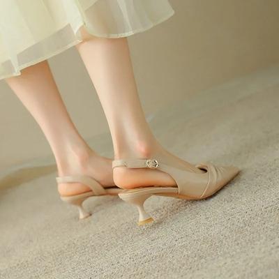 2024 Новые летние женские туфли высокого качества с острым носком, однотонные, на среднем каблуке, с одной пряжкой, модные женские сандалии с мыском
