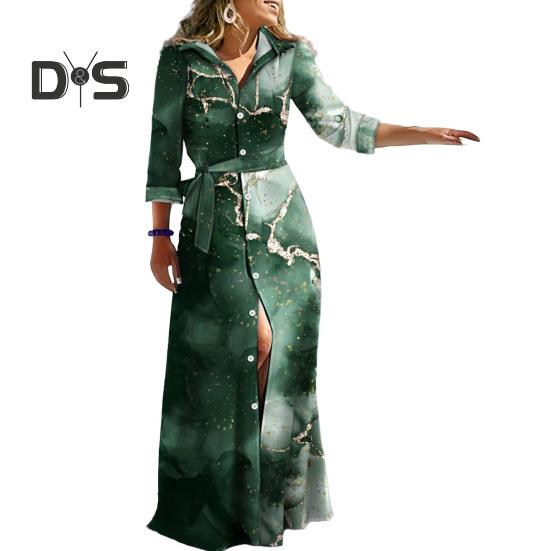 Women Spring Fall Dress Lace Up Tight Waist Striped Print Lapel Long Sleeve Single Breasted Full Length Soft Lady Party Prom Maxi Dress