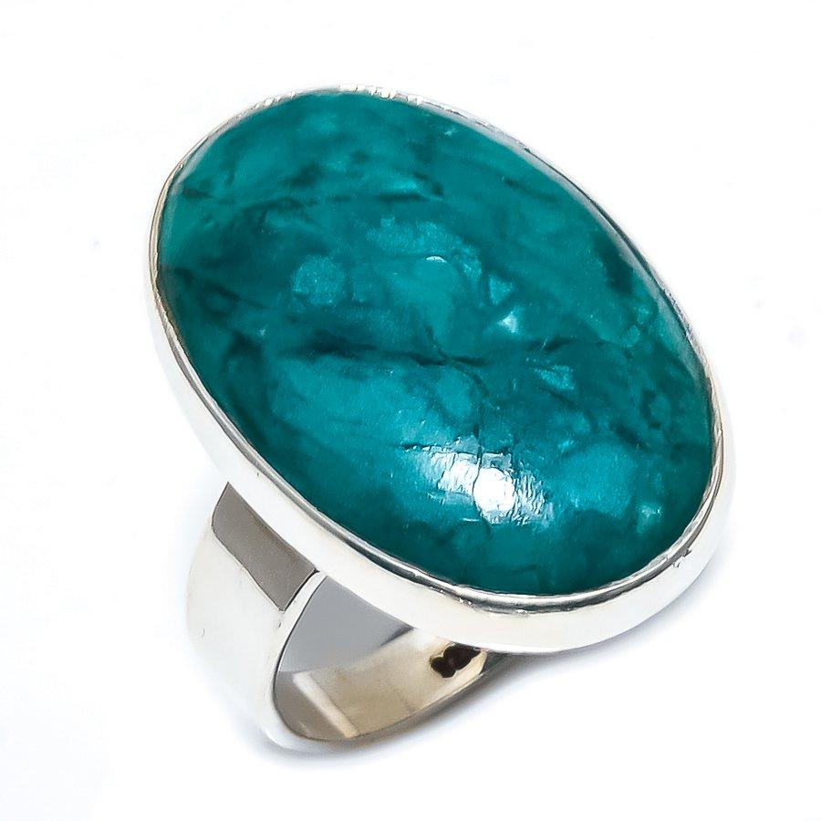 Кольцо из чистого серебра 925 пробы с натуральным драгоценным камнем хризоколлой S.9.5 Q4v29