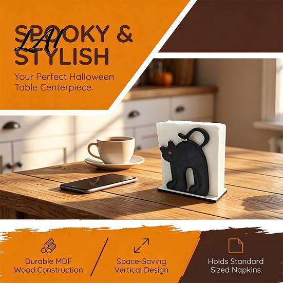 Halloween Themed Table Decor Wood Napkin Holder Vintage Rustic Dispenser Organizer Spooky Ghost Farmhouse Storage Black Cat Boo Tissue Stand