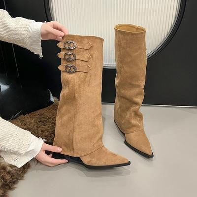 Женские сапоги в стиле вестерн с острым носком, осенне-зимние, в стиле ретро, украшенные металлической пряжкой, высокие узкие рыцарские сапоги из замши