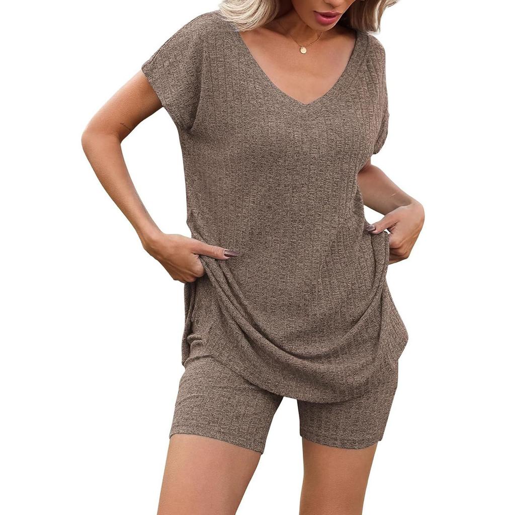 Женский летний комплект из двух частей с шортами, трикотажный домашний спортивный костюм с V-образным вырезом