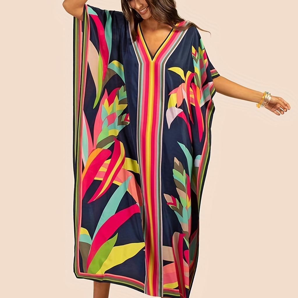 Повседневная накидка больших размеров, женская большая накидка с цветными блоками и принтом листьев, V-образный вырез, рукав «летучая мышь», разделенный подол, макси-накидка для Конингсдага/Дня короля