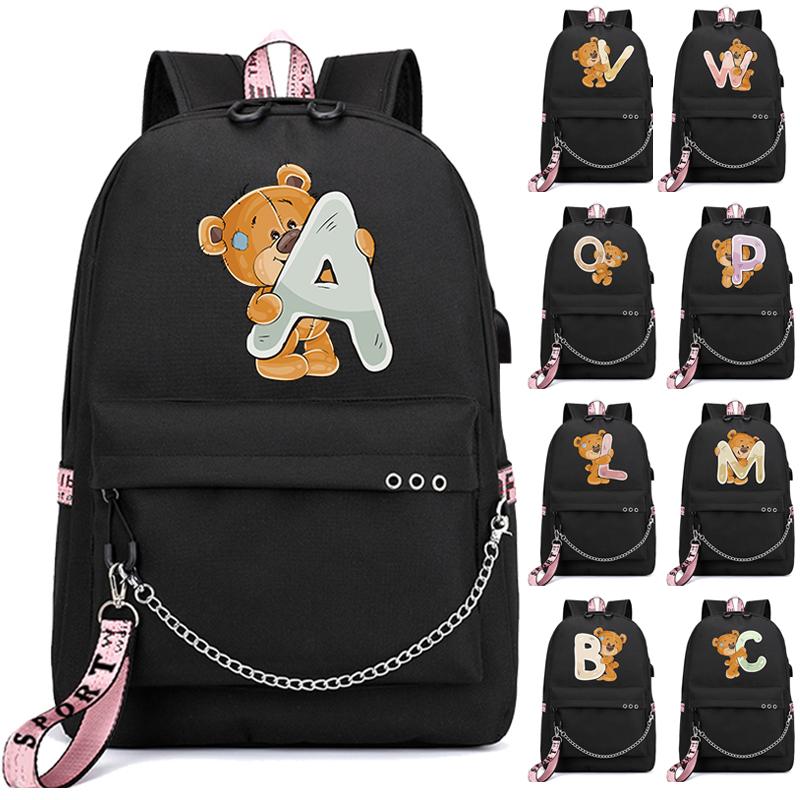 Рюкзак Little Bear с 26 английскими буквами, детская сумка для книг, школьная сумка для косплея для мальчиков и девочек, большой вместительный дорожный рюкзак для детей