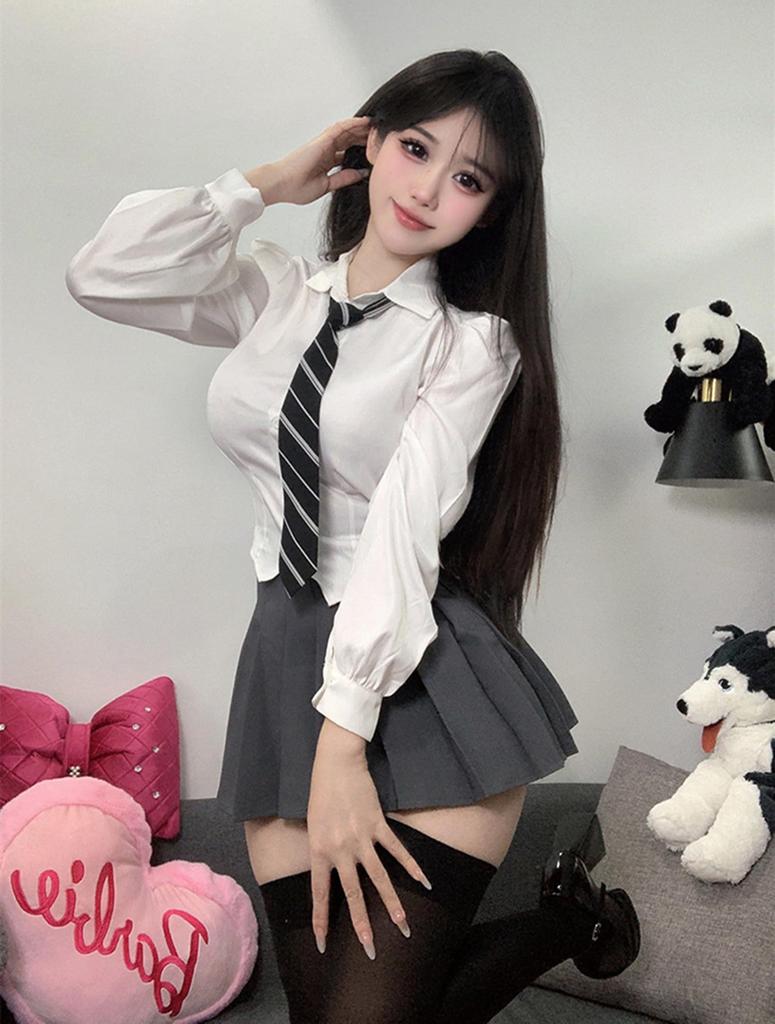 QOOLY High School Uniform Set for Perfect for Pleated and Long Sleeve Perfect for Entrance and All Grey 3-Piece Girls, Cosplay, Skirt, Tie, Shirt.