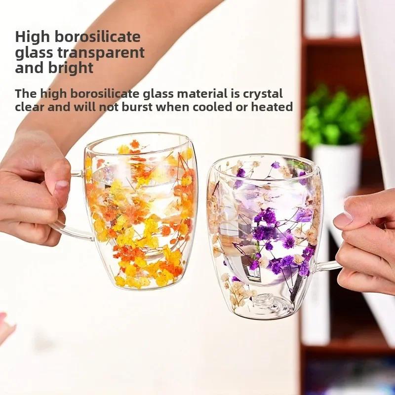 350 мл стеклянная кружка креативная двойная стенка кофейная кружка с сухоцветом наполнитель чашки чайная кофейная кружка с ручкой термостойкая кружка подарок