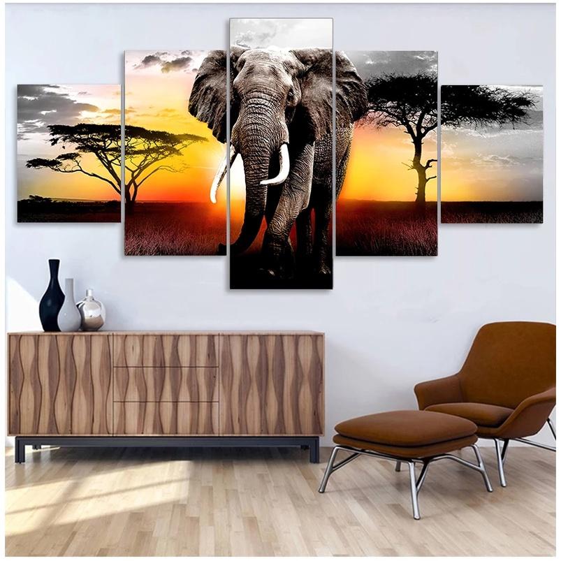5 Panels Elephant Posters Canvas Painting Modern Home Decor Sunset African Animal Prints Wall Art Pictures Living Room No Frame