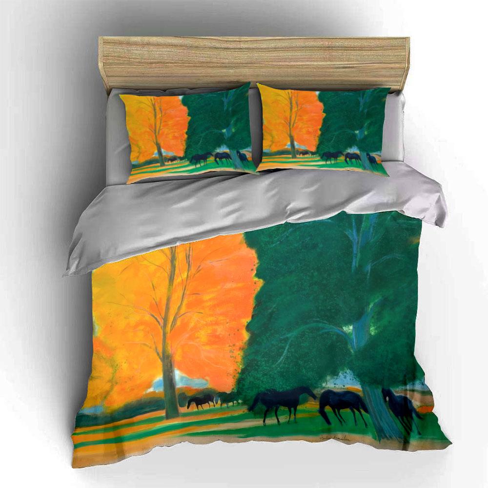 Autumn Forest and Grazing Horses kid's and adults' bedroom decor, Exquisite three-piece bedding set gift