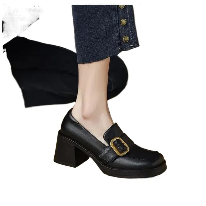 Мода 2024 года, женские туфли на платформе, туфли-оксфорды на среднем каблуке, туфли-лодочки без застежек, квадратный носок, ретро, высокий каблук, черные, весенние, новые кожаные туфли на каблуках