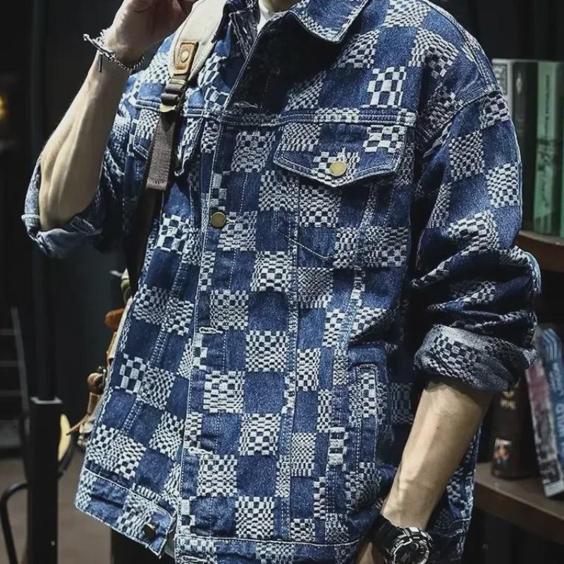 Мужская джинсовая куртка в синюю клетку в стиле ретро — стиль Гонконга, модная, свободного кроя, подходит для весны и осени.