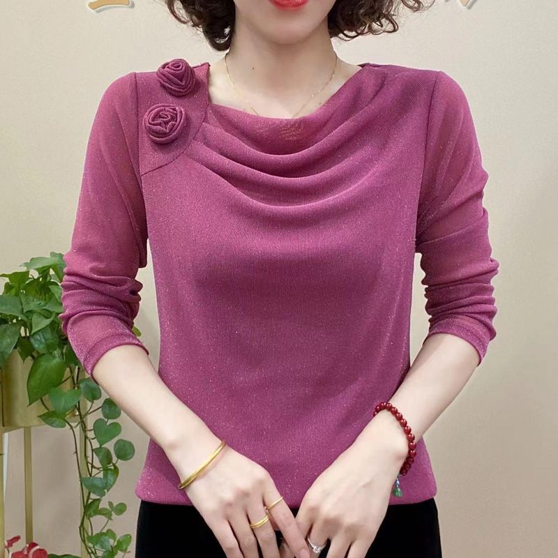 Женская весенняя мода с завязками и цветами, однотонный воротник-таблетка, длинный рукав, пуловер, рюши, яркий шелк, свободные футболки, верхние части