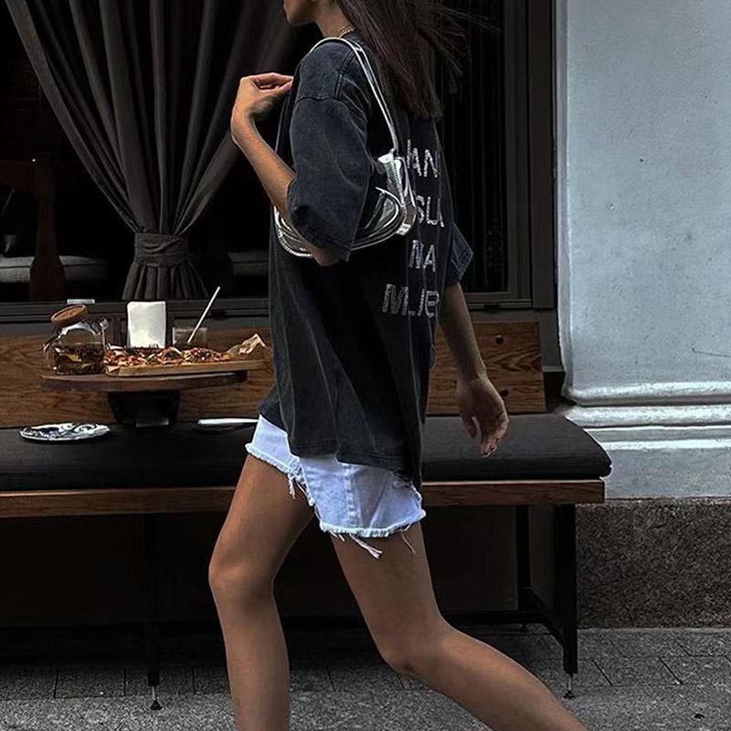 Винтажные повседневные хлопковые футболки со стразами, женские летние рубашки с коротким рукавом и буквенным принтом, универсальные уличные топы