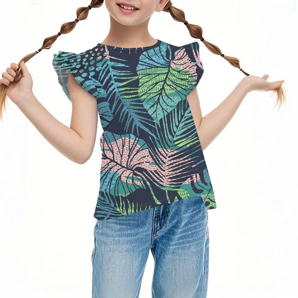 Детский повседневный топ с короткими рукавами, плиссированный, милый, с гавайским принтом, с круглым вырезом