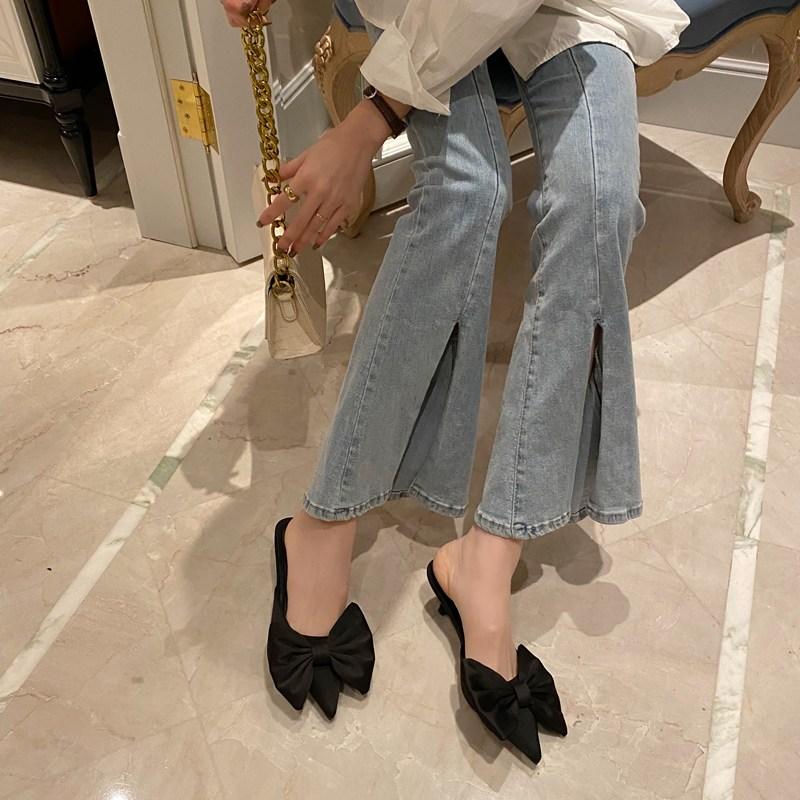 Мода Модные женские тапочки на тонком низком каблуке Черные розовые красные туфли с острым носком Большой бант Дизайн Летняя пляжная обувь Элегантные мюли