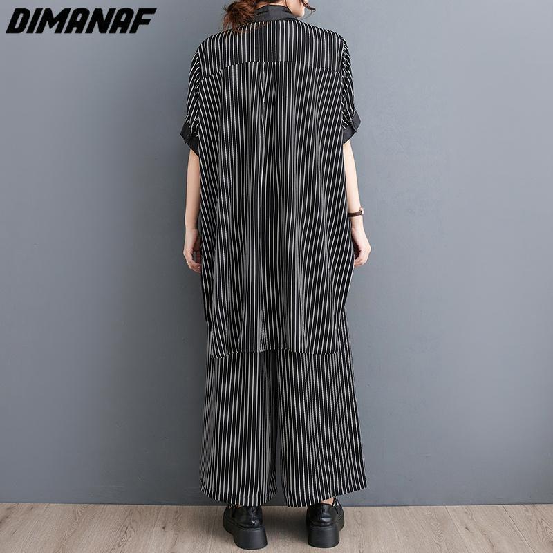DIMANAF 2023 плюс размер комплект из двух предметов, женский шифоновый костюм в полоску с принтом Vinatge, топы и брюки, женский костюм, летний черный