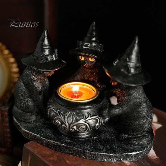 Подсвечник в виде черного кота, смоляной подсвечник в виде кошек на Хэллоуин с ведьмиными шляпами, винтажный подсвечник, настольное украшение, подарок для любителей кошек