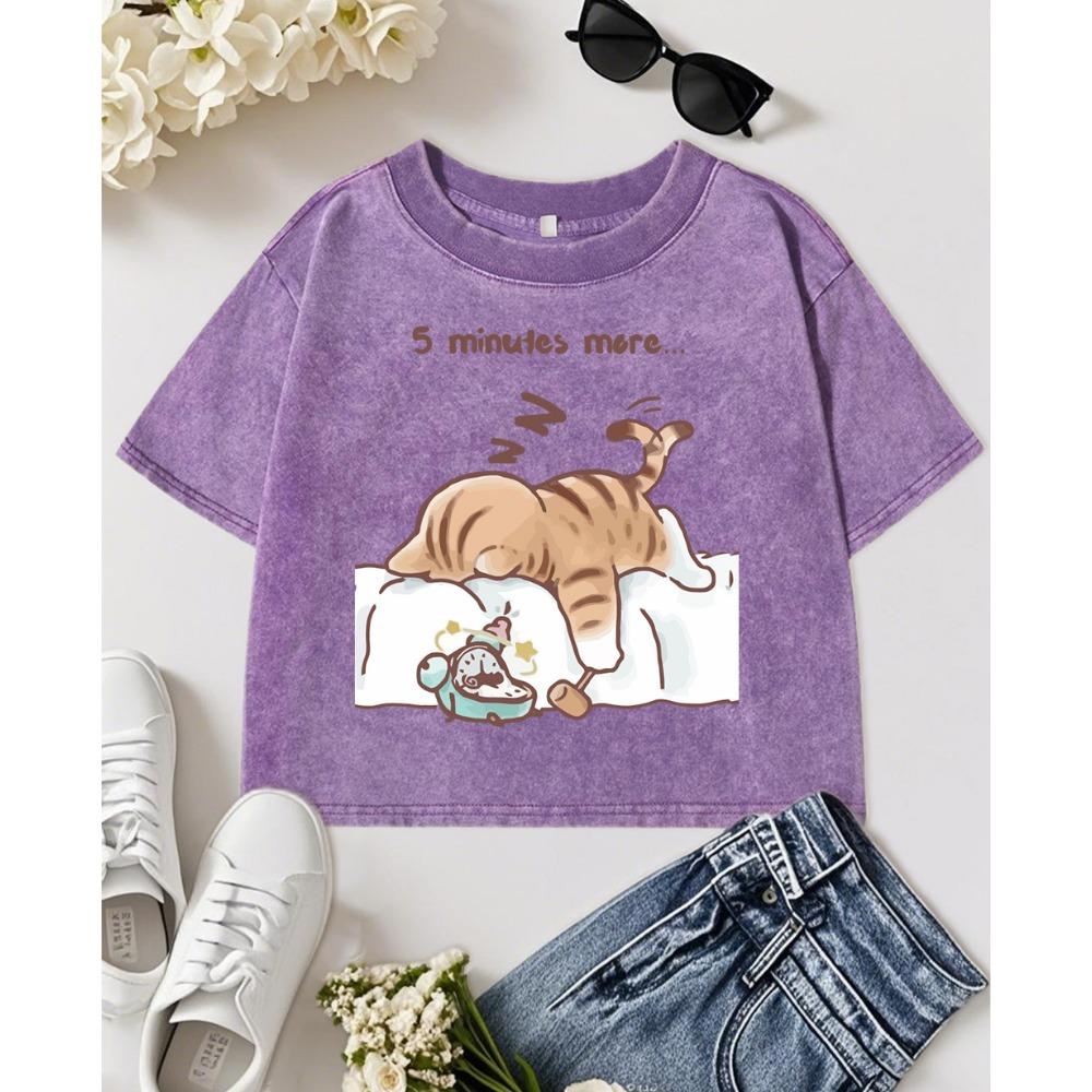 The Cat That Always Wants To Sleep Pattern Print Womens Washed T Shirt Cotton All-Match T Shirts Soft Crop Tops