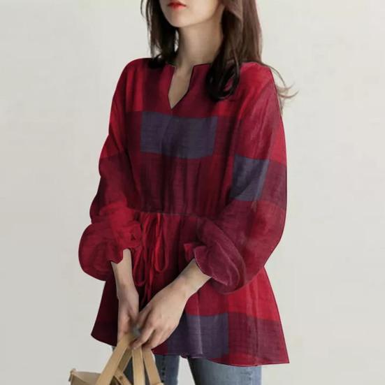 V-образный вырез с рюшами Манжеты на талии Шнуровка в клетку с принтом Повседневная блузка Простой повседневный стиль