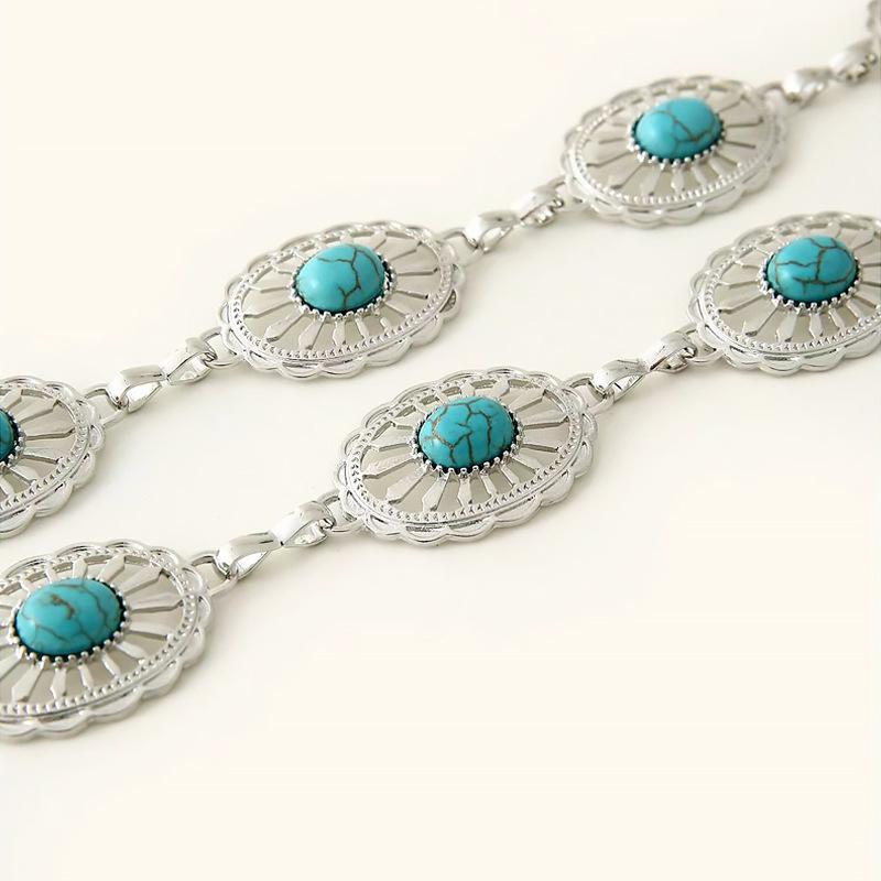 Bohemian Style Oval Turquoise Waist Chain Retro Decoration Belts For Women Girls  Versatile Dress Coat Carved Accessories