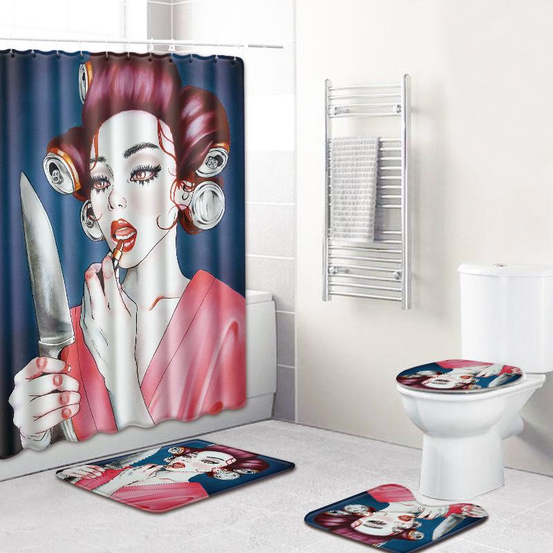 Printed Woman'S Head Pattern Bathroom Floor Mat Shower Curtain Carpet Combination E-Commerce