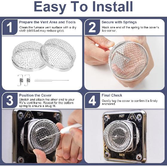 RV Furnace Vent Screen For Water Heater Vent Cover, RV Bugs Screen, Flying Ect Screen, Stainless Steel Mesh With Tallation Tool