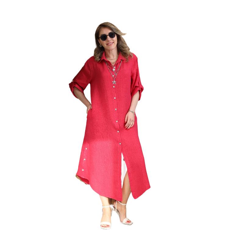 Льняное платье-рубашка большого размера с кружевной вставкой - Повседневный стиль в европейском и американском стиле