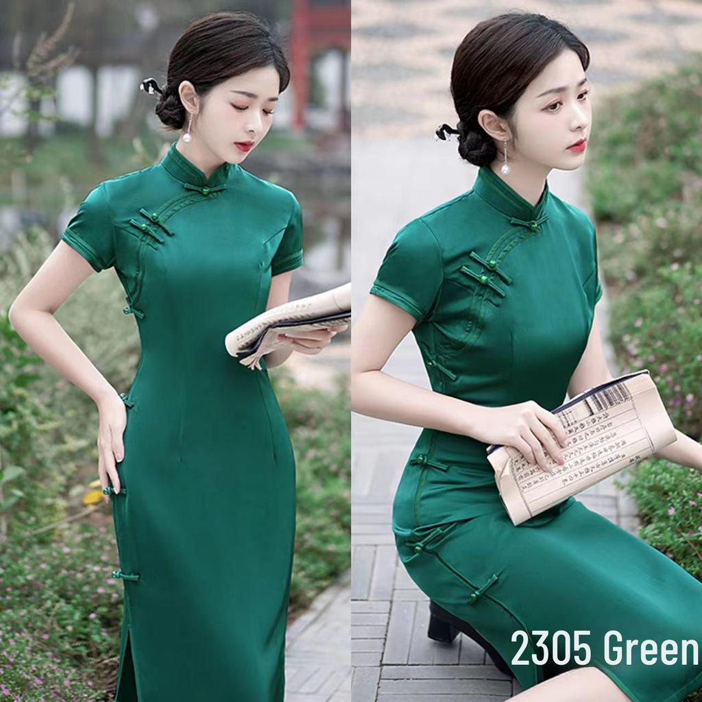 Elegant Slim Cheongsam Dress In Thickened Imitation Silk with Heavy Acetic Acid Satin – Red, Black, Green for Daily or Bridal Wear